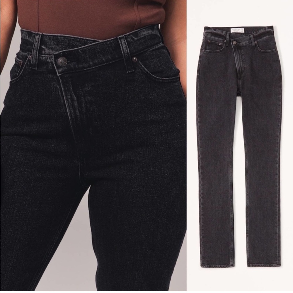 Abercrombie & Fitch 90’s Slim Straight Ultra High Rise Criss Cross Black Jeans